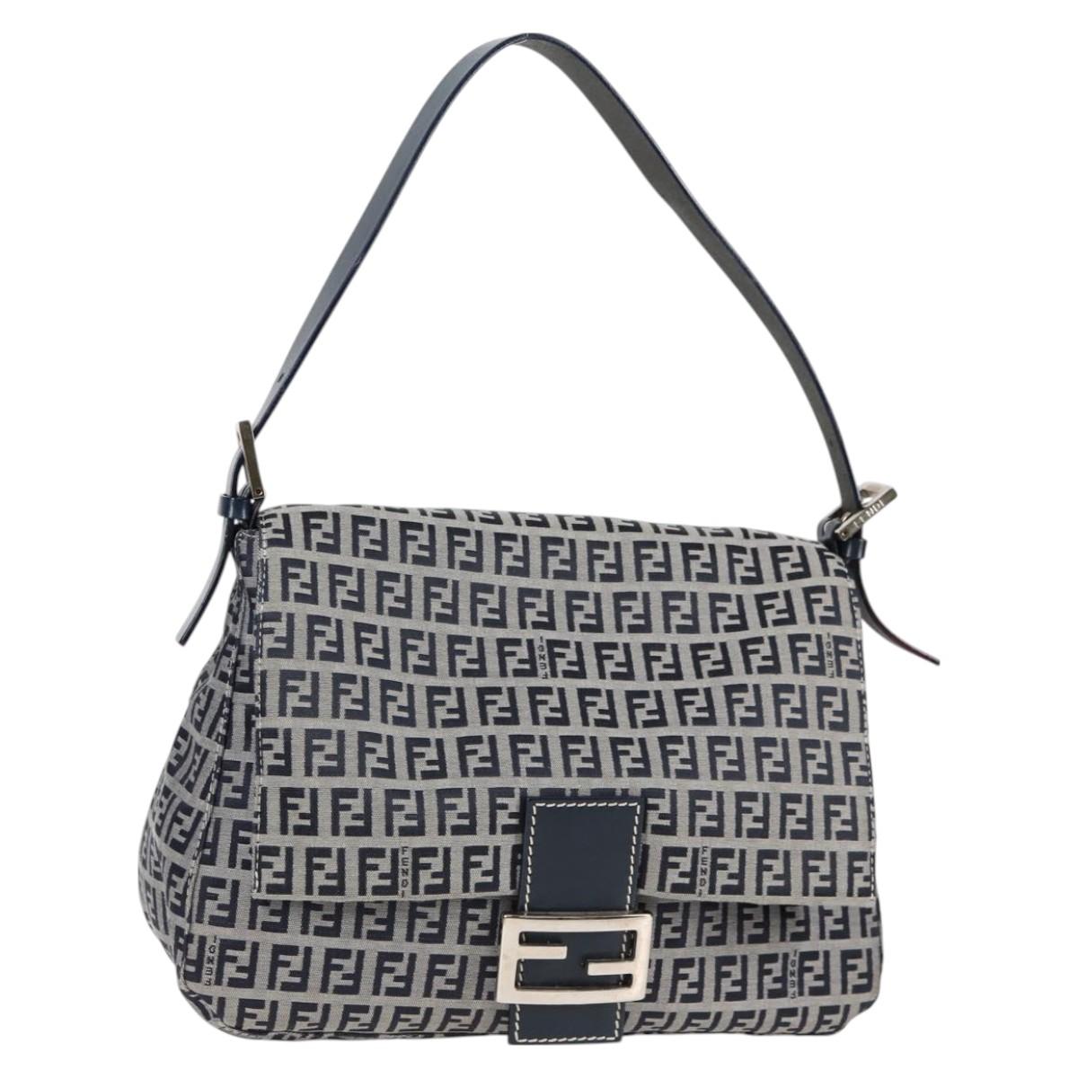 FENDI Zucchino Canvas Mamma Baguette Shoulder Bag Navy Silver Auth 126702V