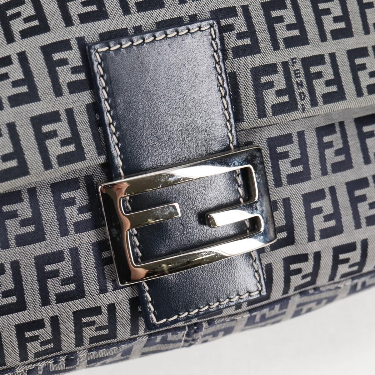 FENDI Zucchino Canvas Mamma Baguette Shoulder Bag Navy Silver Auth 126702V