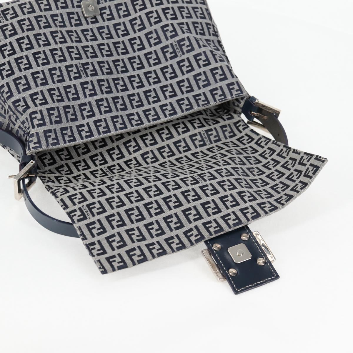 FENDI Zucchino Canvas Mamma Baguette Shoulder Bag Navy Silver Auth 126702V