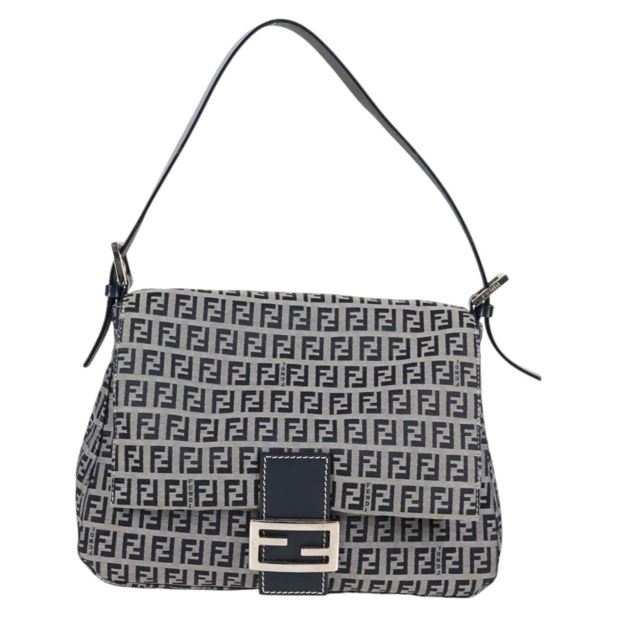 FENDI Zucchino Canvas Mamma Baguette Shoulder Bag Navy Silver Auth 126702V