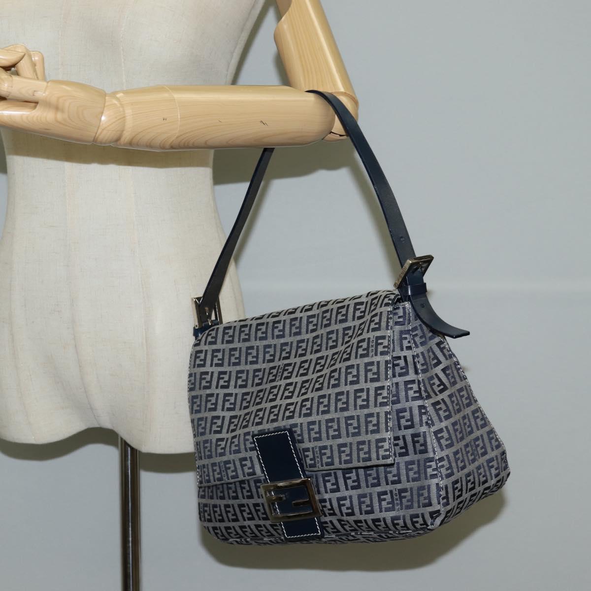 FENDI Zucchino Canvas Mamma Baguette Shoulder Bag Navy Silver Auth 126702V