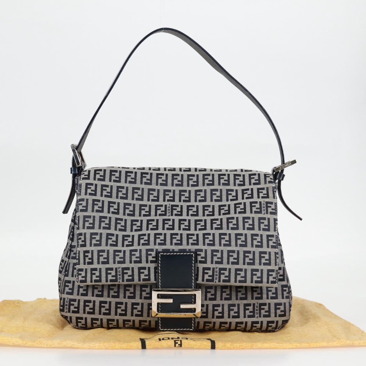 FENDI Zucchino Canvas Mamma Baguette Shoulder Bag Navy Silver Auth 126702V