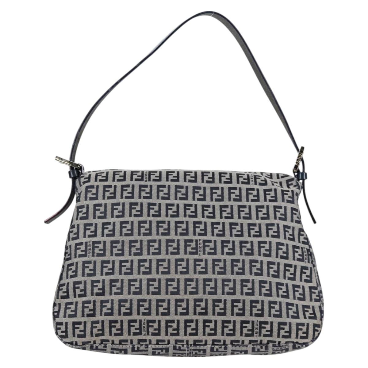 FENDI Zucchino Canvas Mamma Baguette Shoulder Bag Navy Silver Auth 126702V