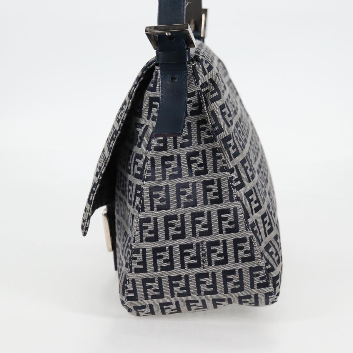 FENDI Zucchino Canvas Mamma Baguette Shoulder Bag Navy Silver Auth 126702V