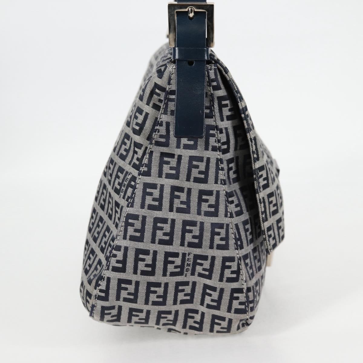 FENDI Zucchino Canvas Mamma Baguette Shoulder Bag Navy Silver Auth 126702V