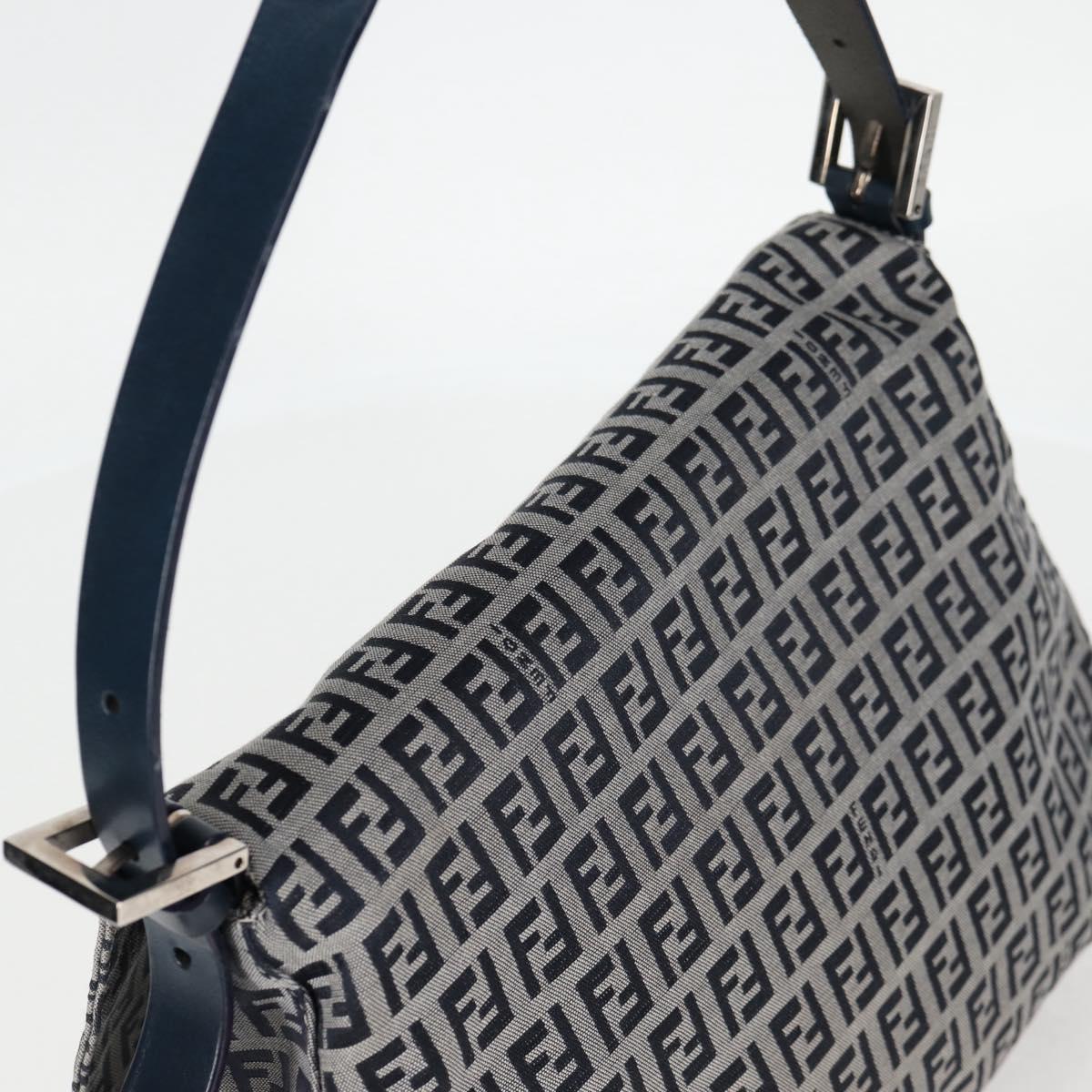 FENDI Zucchino Canvas Mamma Baguette Shoulder Bag Navy Silver Auth 126702V