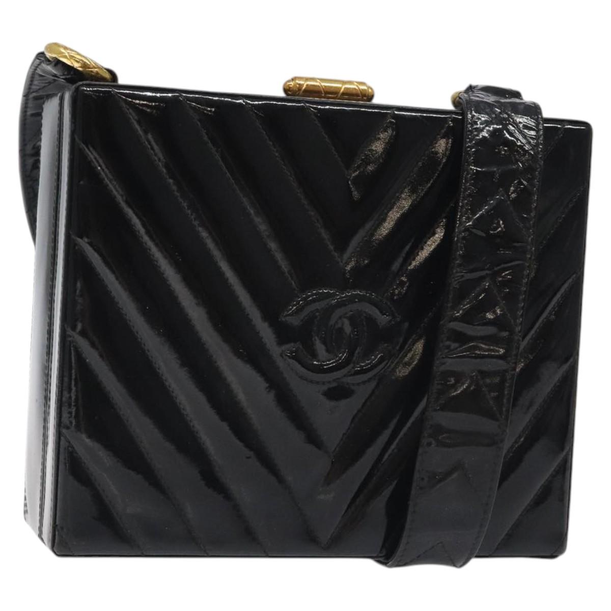 CHANEL V Stitch COCO Mark Shoulder Bag Patent leather Black Gold CC Auth 126704