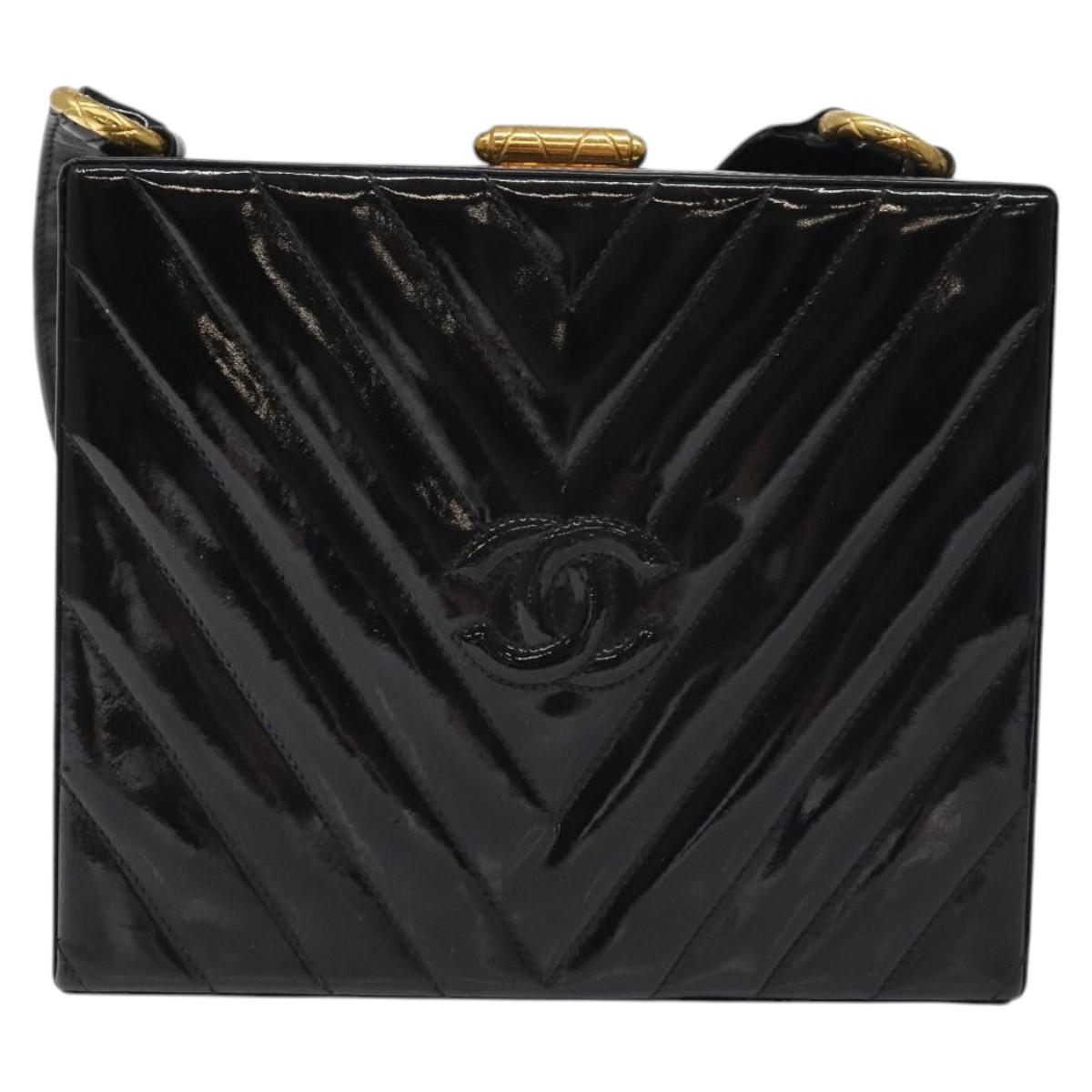 CHANEL V Stitch COCO Mark Shoulder Bag Patent leather Black Gold CC Auth 126704