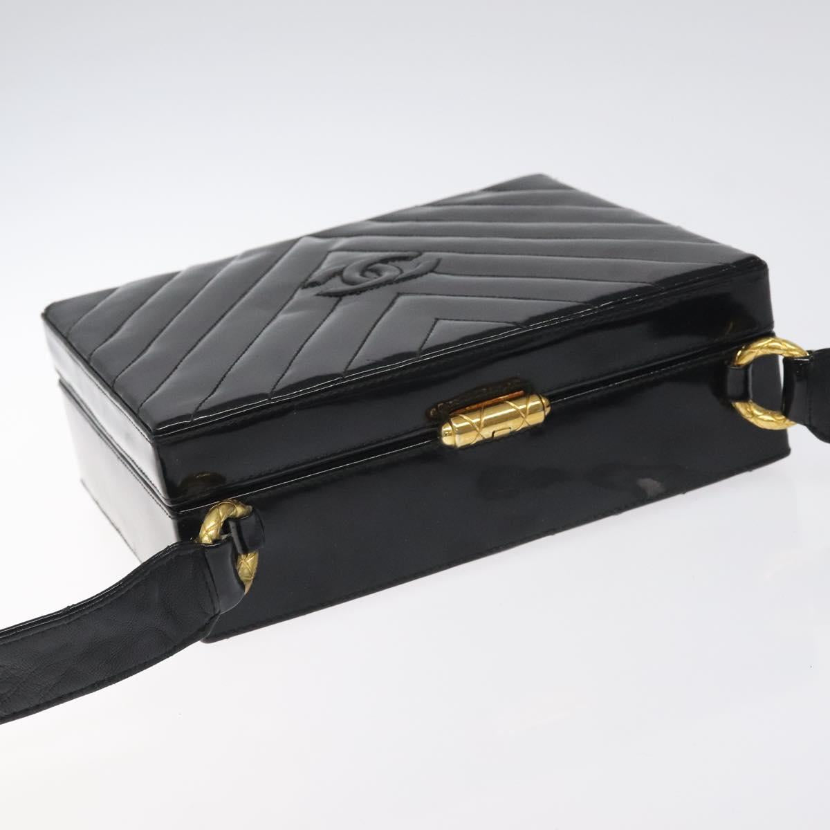 CHANEL V Stitch COCO Mark Shoulder Bag Patent leather Black Gold CC Auth 126704