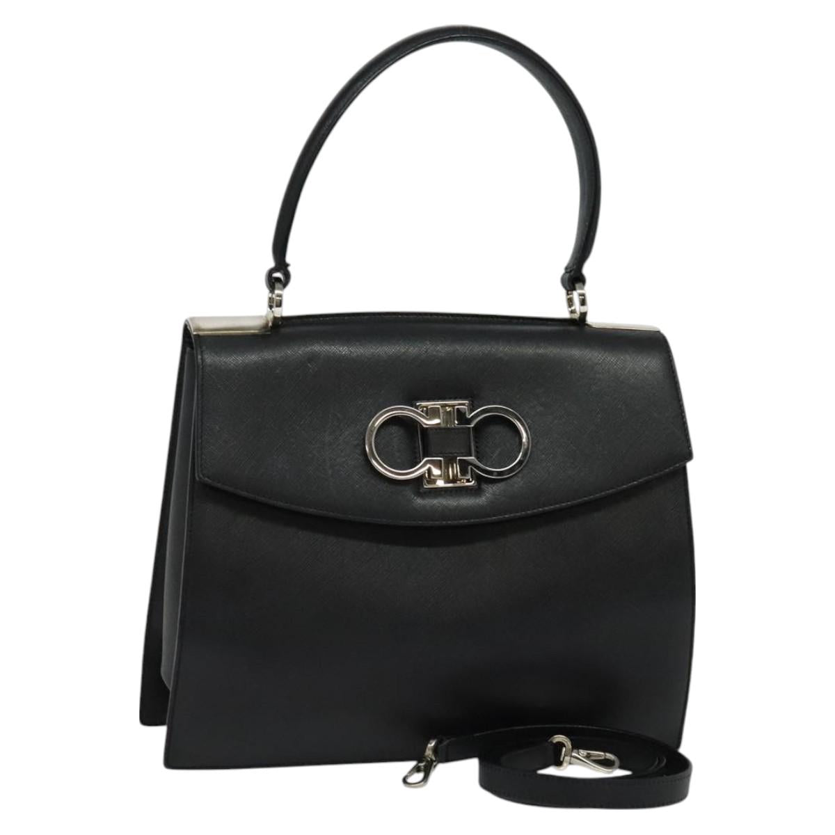 Salvatore Ferragamo Gancini Hand Bag Leather 2way Black Silver Auth 126745