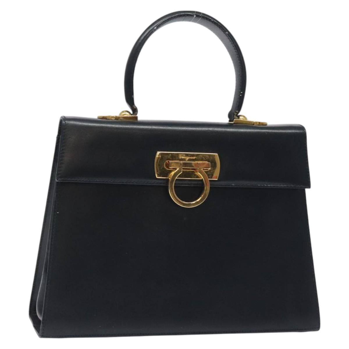 Salvatore Ferragamo Gancini Hand Bag Leather 2way Black Silver Auth 126752