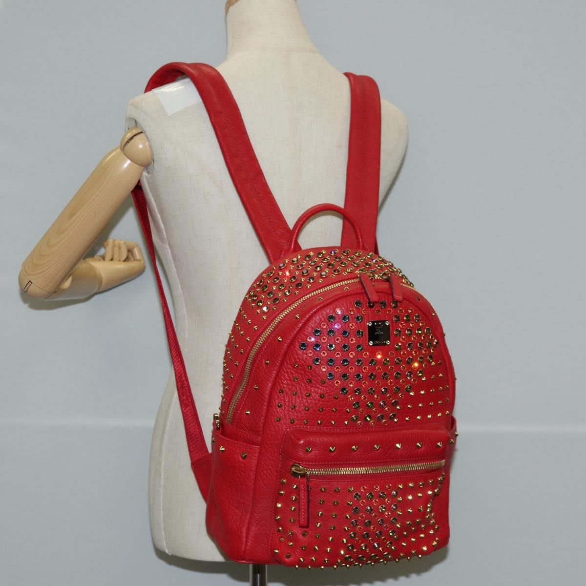 MCM Logogram Vicetos studs Backpack Leather Red Gold Auth 126799V