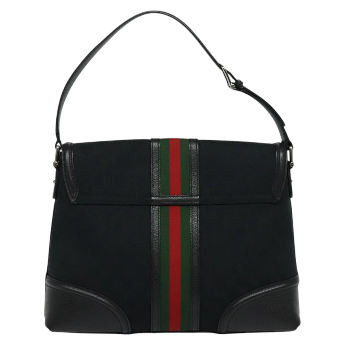 GUCCI Web Sherry Line GG Canvas Shoulder Bag Black Red Green Auth 126871