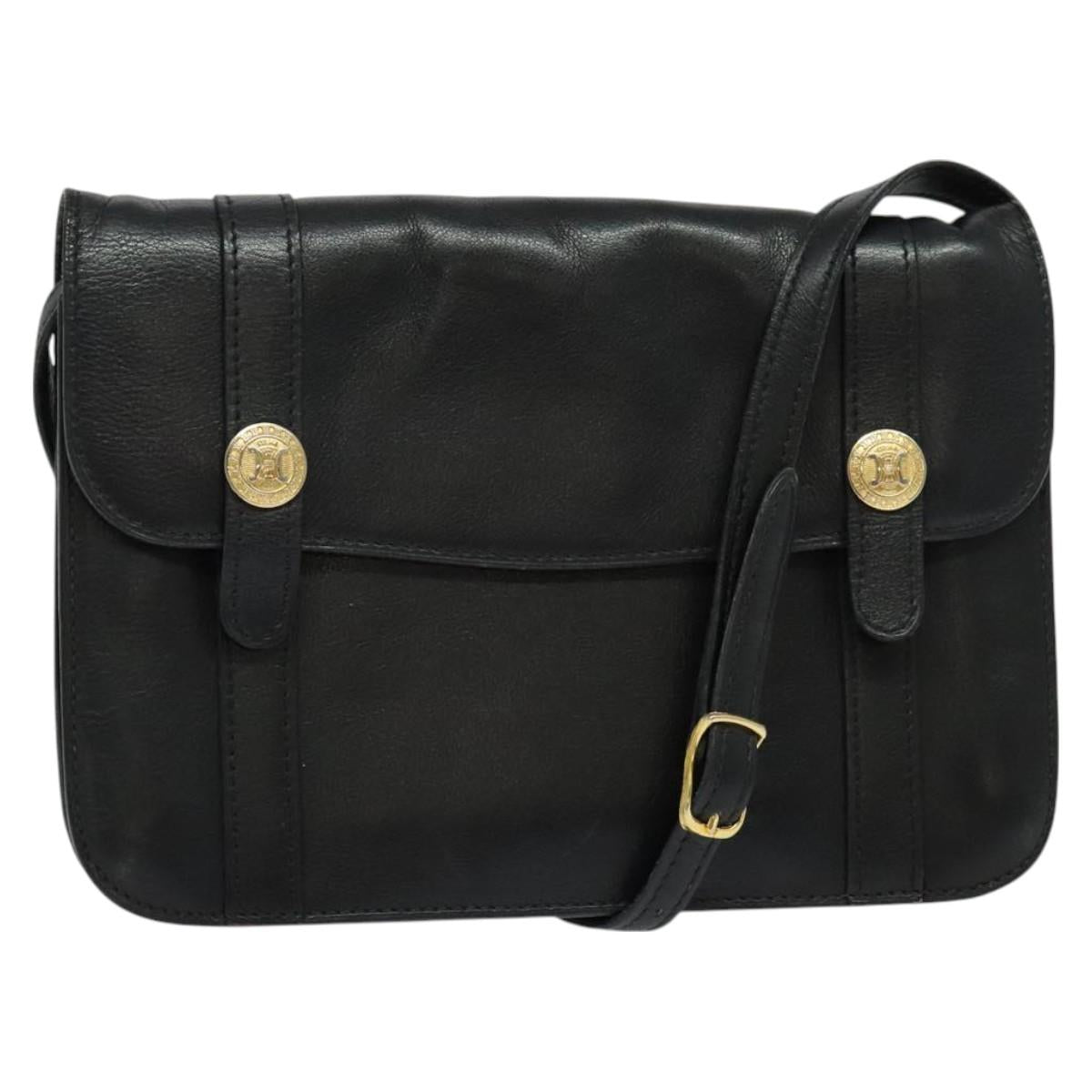 CELINE Shoulder Bag Leather Black Gold Auth 126895
