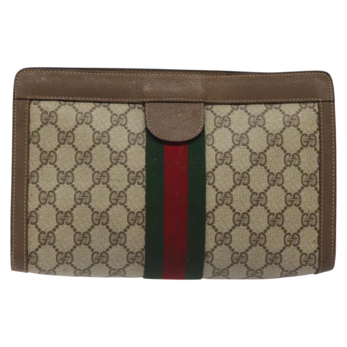 GUCCI GG Supreme Web Sherry Line Clutch Bag PVC Beige Red 89 01 002 Auth 126899