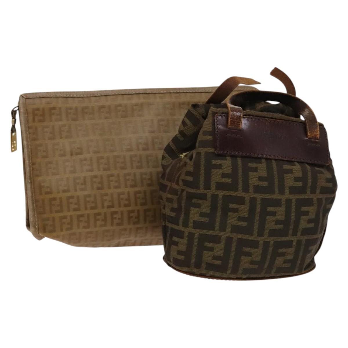 FENDI Zucchino Canvas Backpack Bag Enamel 2Set Brown Auth 127047
