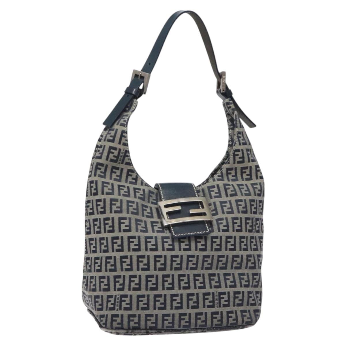 FENDI Zucchino Canvas Shoulder Bag Navy Silver Auth 127065