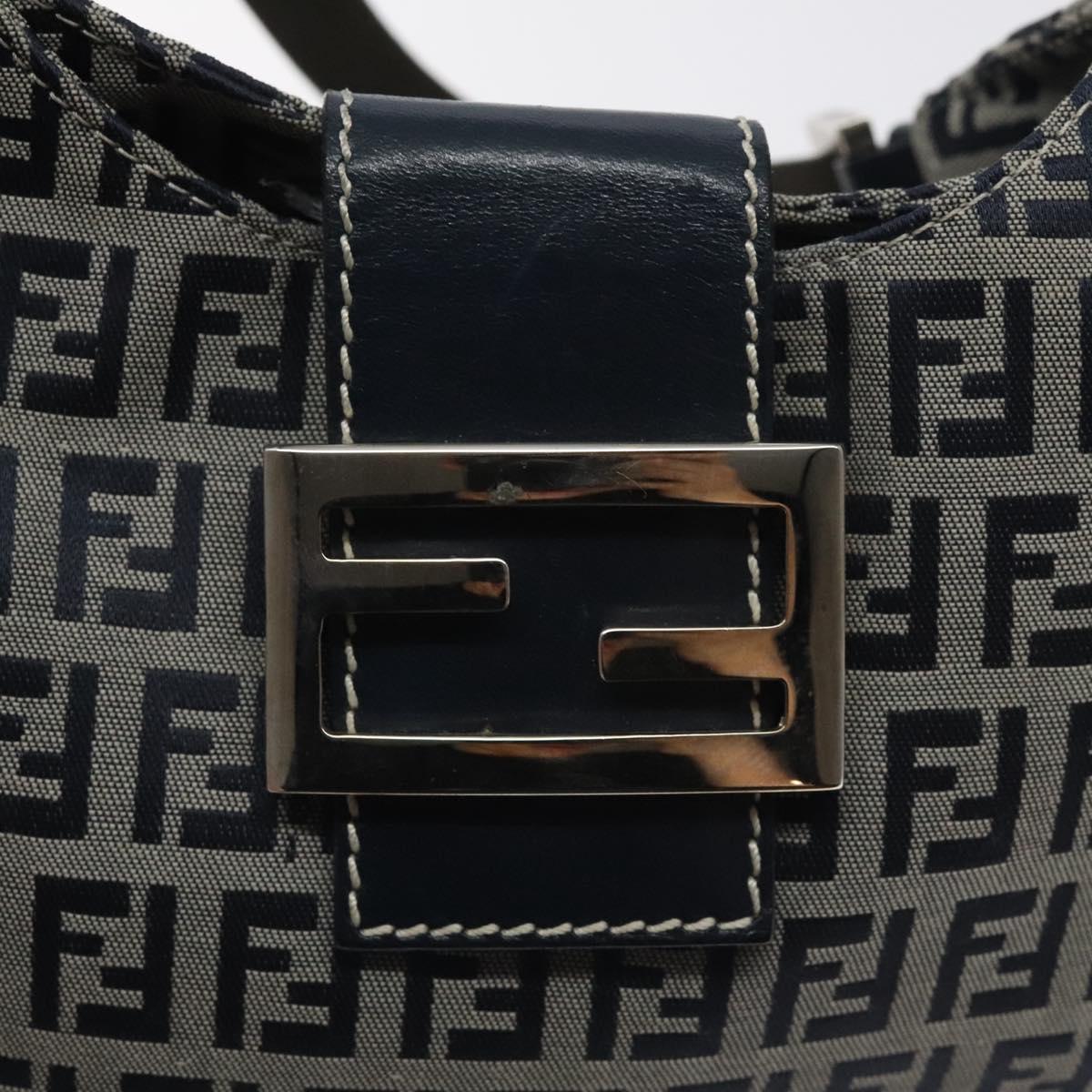 FENDI Zucchino Canvas Shoulder Bag Navy Silver Auth 127065