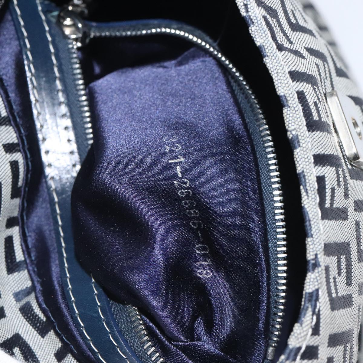FENDI Zucchino Canvas Shoulder Bag Navy Silver Auth 127065