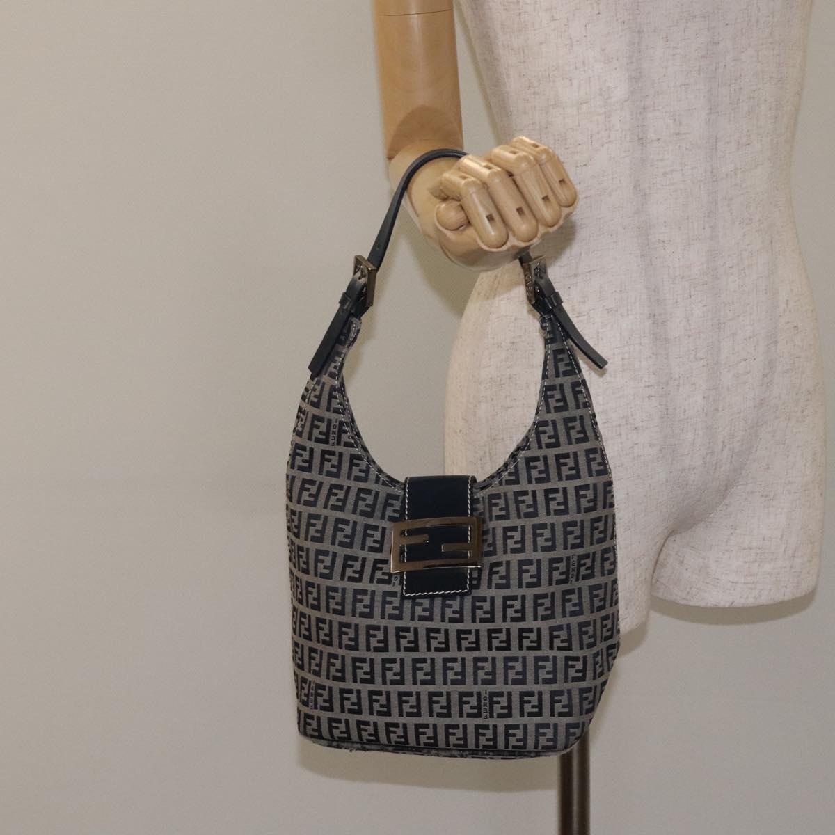FENDI Zucchino Canvas Shoulder Bag Navy Silver Auth 127065