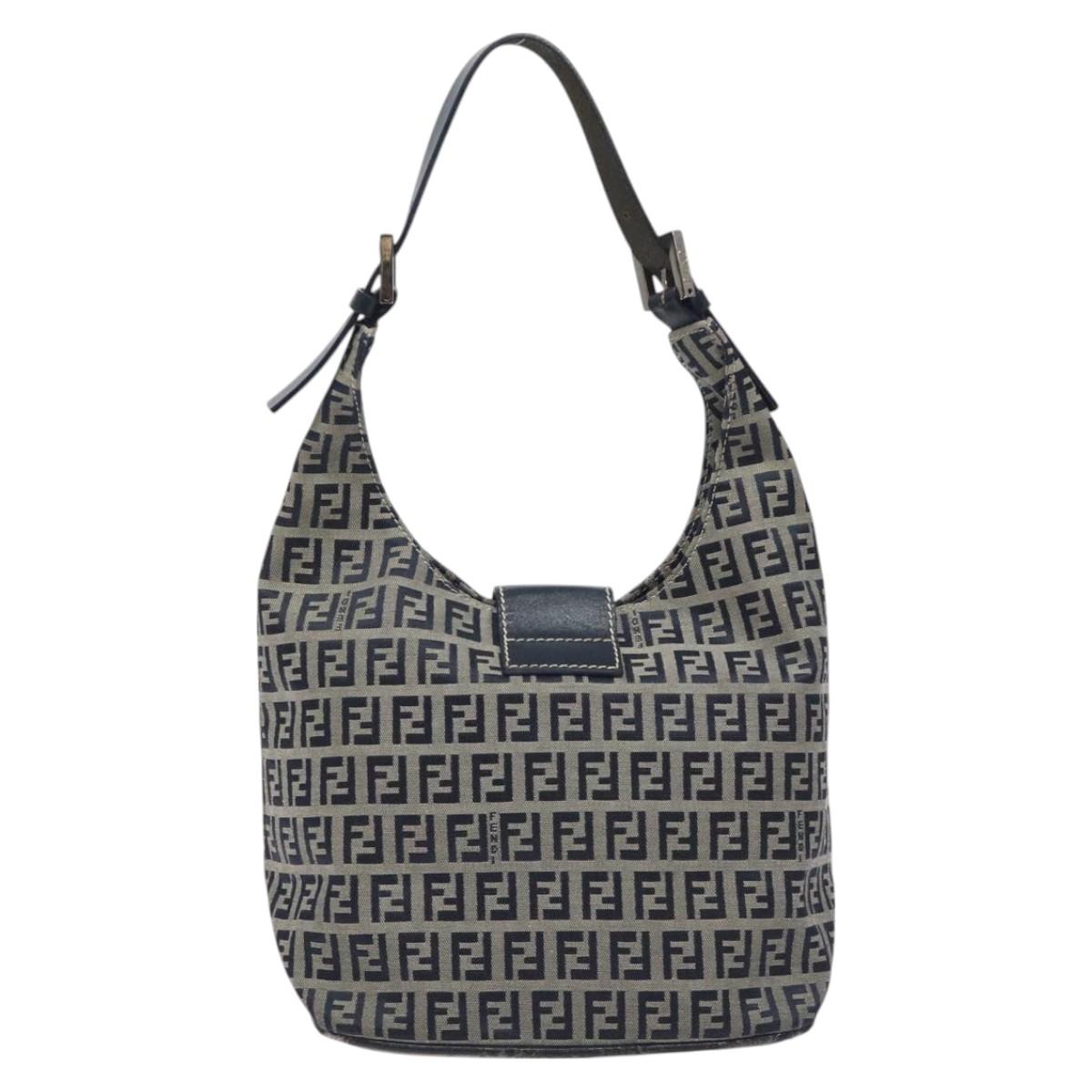 FENDI Zucchino Canvas Shoulder Bag Navy Silver Auth 127065