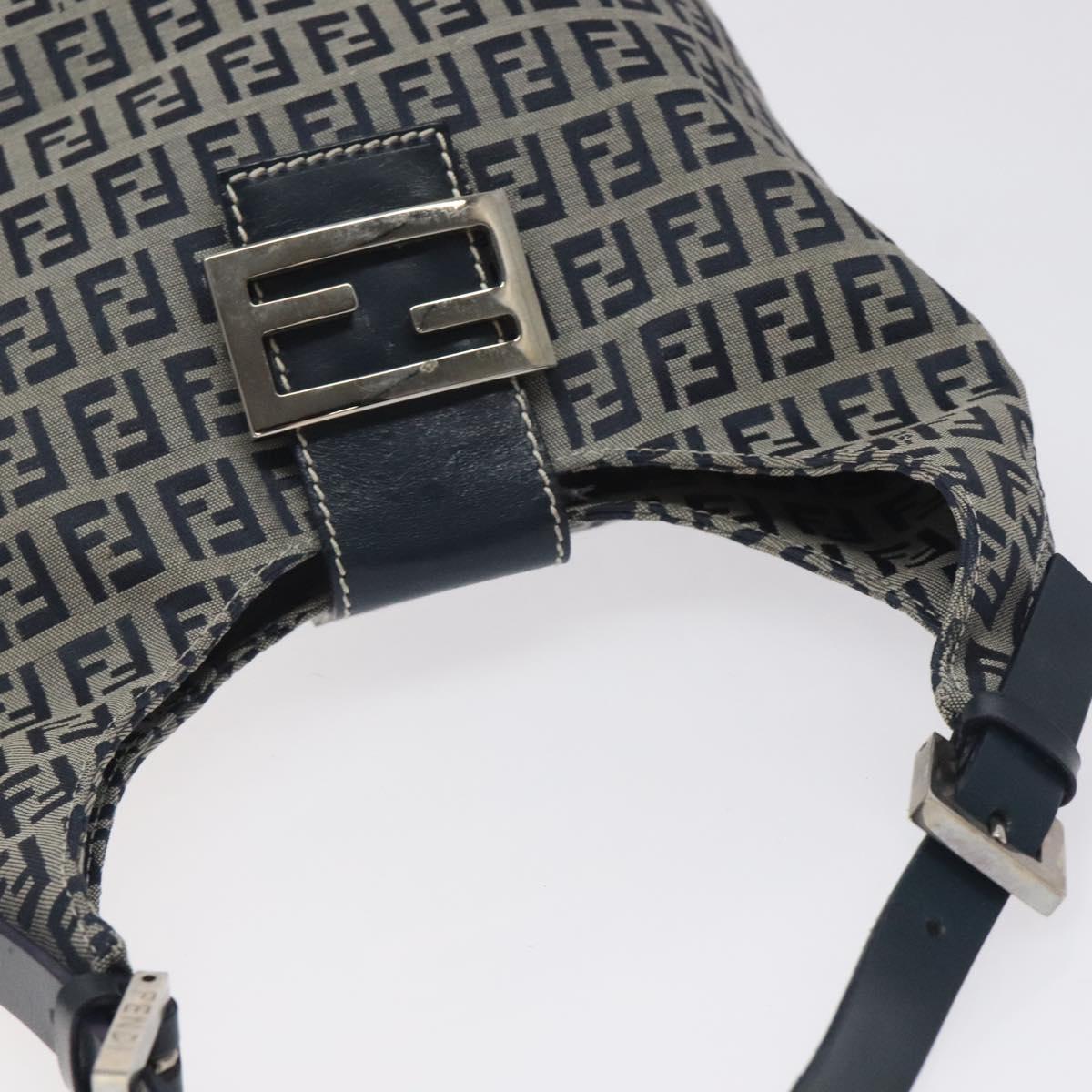 FENDI Zucchino Canvas Shoulder Bag Navy Silver Auth 127065