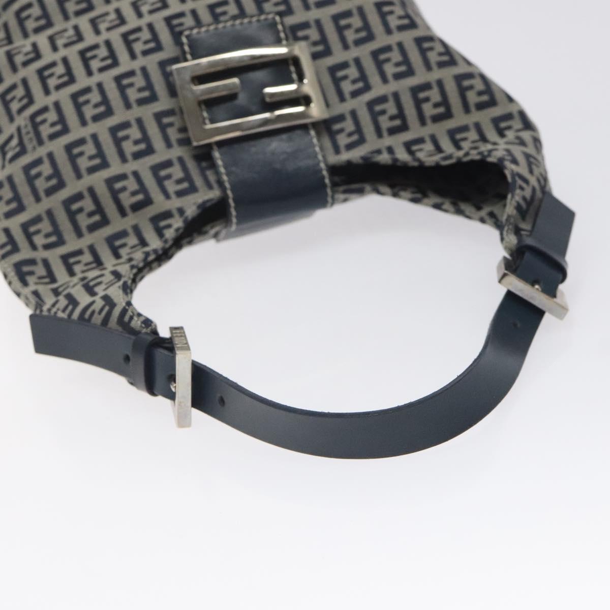 FENDI Zucchino Canvas Shoulder Bag Navy Silver Auth 127065