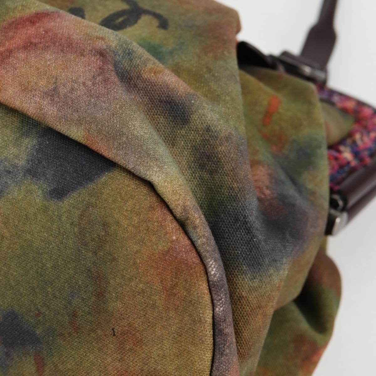 CHANEL Embroidery Graffiti Hand Bag Canvas Leather Khaki CC Auth 127134SM