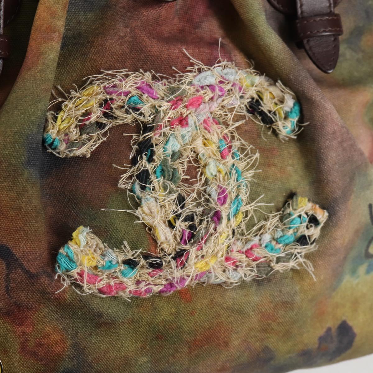 CHANEL Embroidery Graffiti Hand Bag Canvas Leather Khaki CC Auth 127134SM