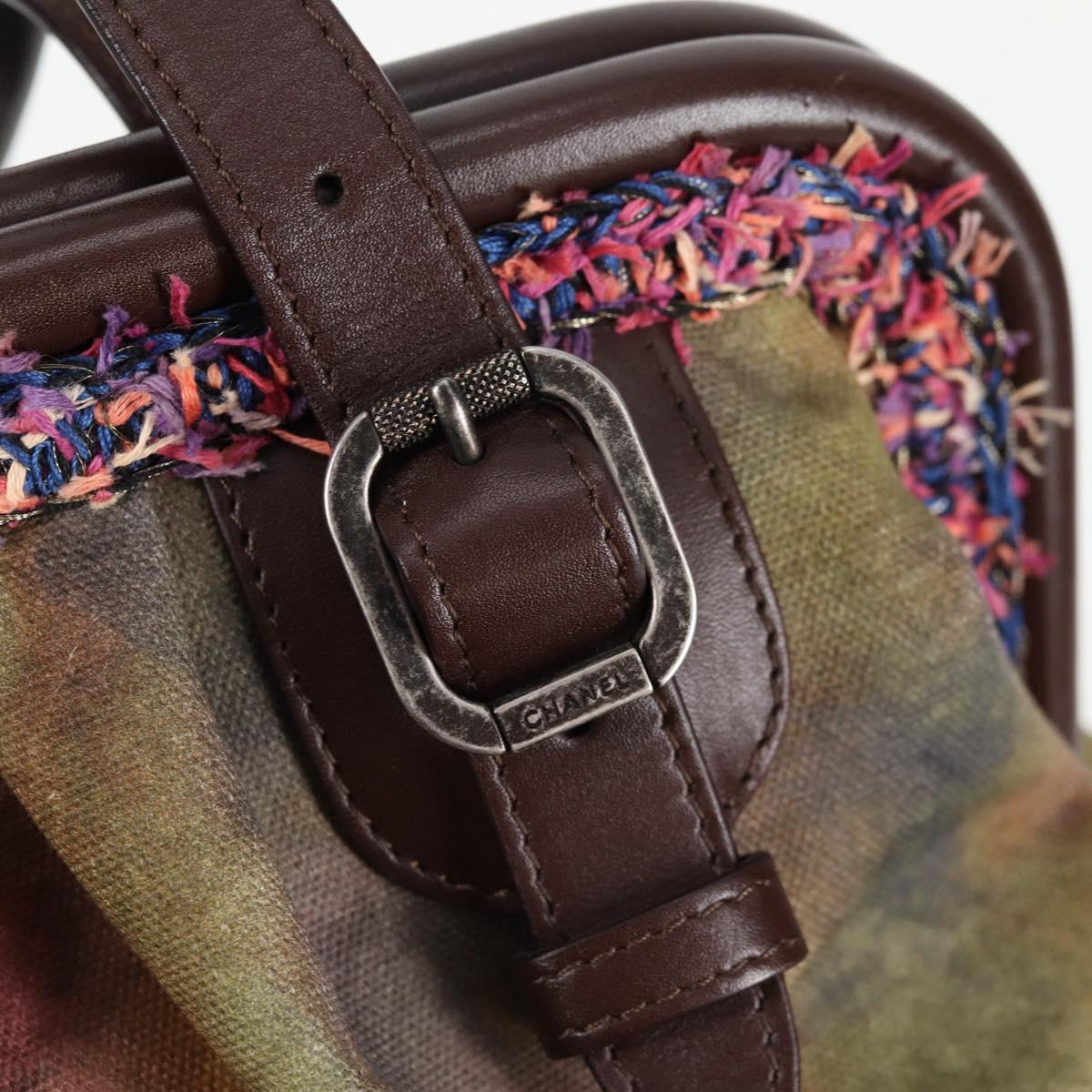 CHANEL Embroidery Graffiti Hand Bag Canvas Leather Khaki CC Auth 127134SM