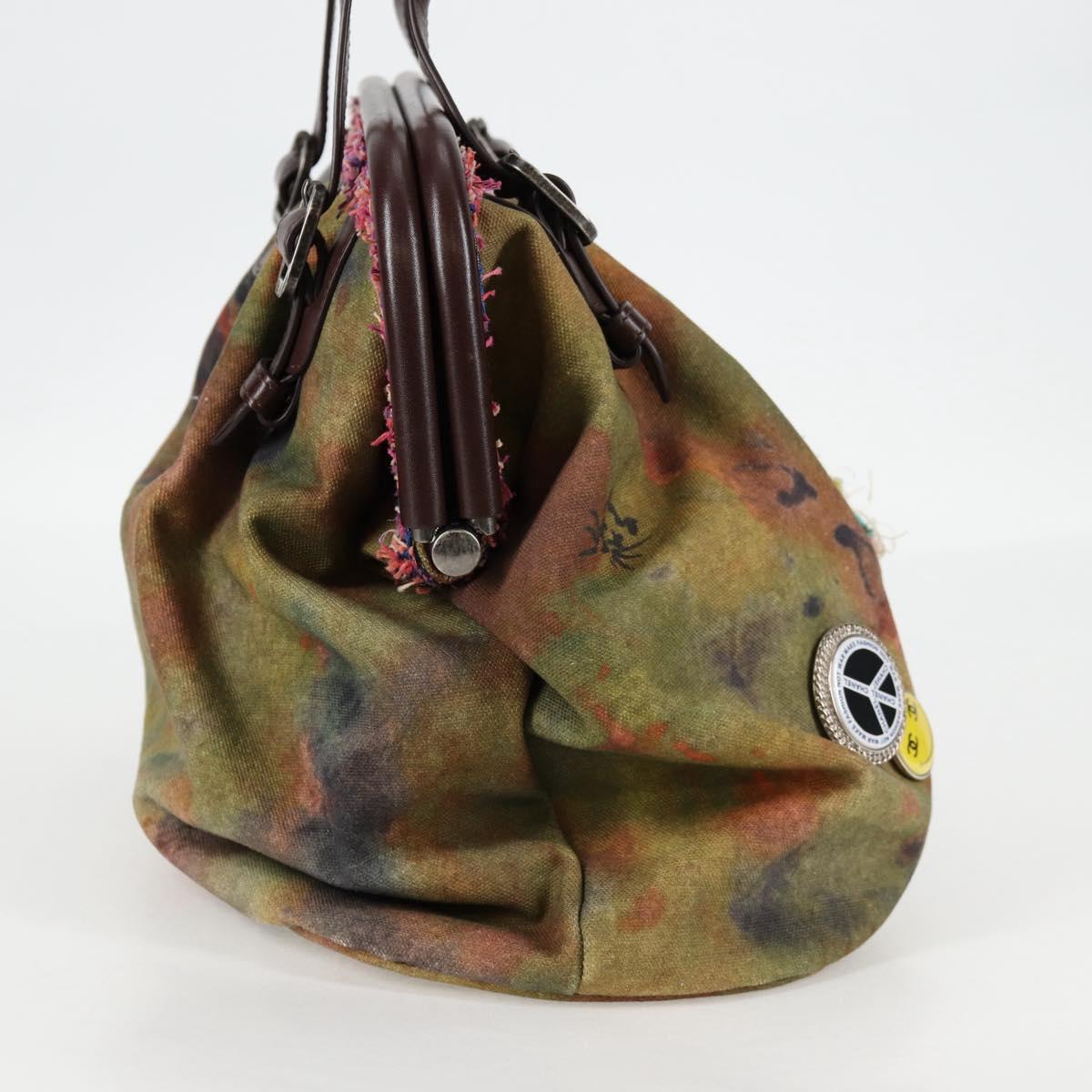 CHANEL Embroidery Graffiti Hand Bag Canvas Leather Khaki CC Auth 127134SM