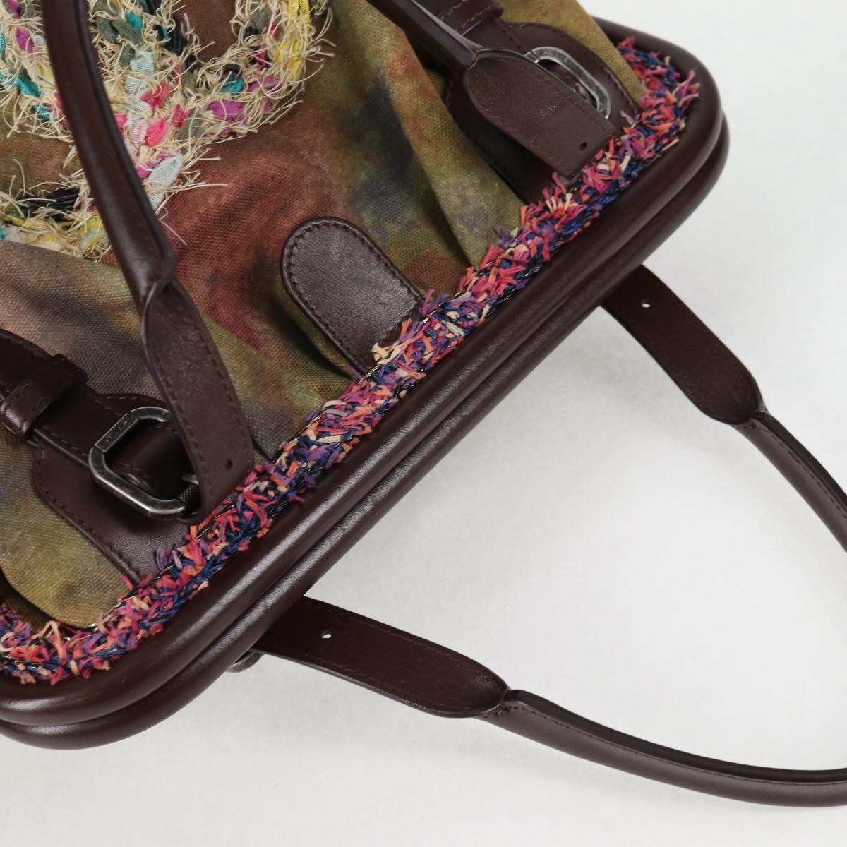 CHANEL Embroidery Graffiti Hand Bag Canvas Leather Khaki CC Auth 127134SM