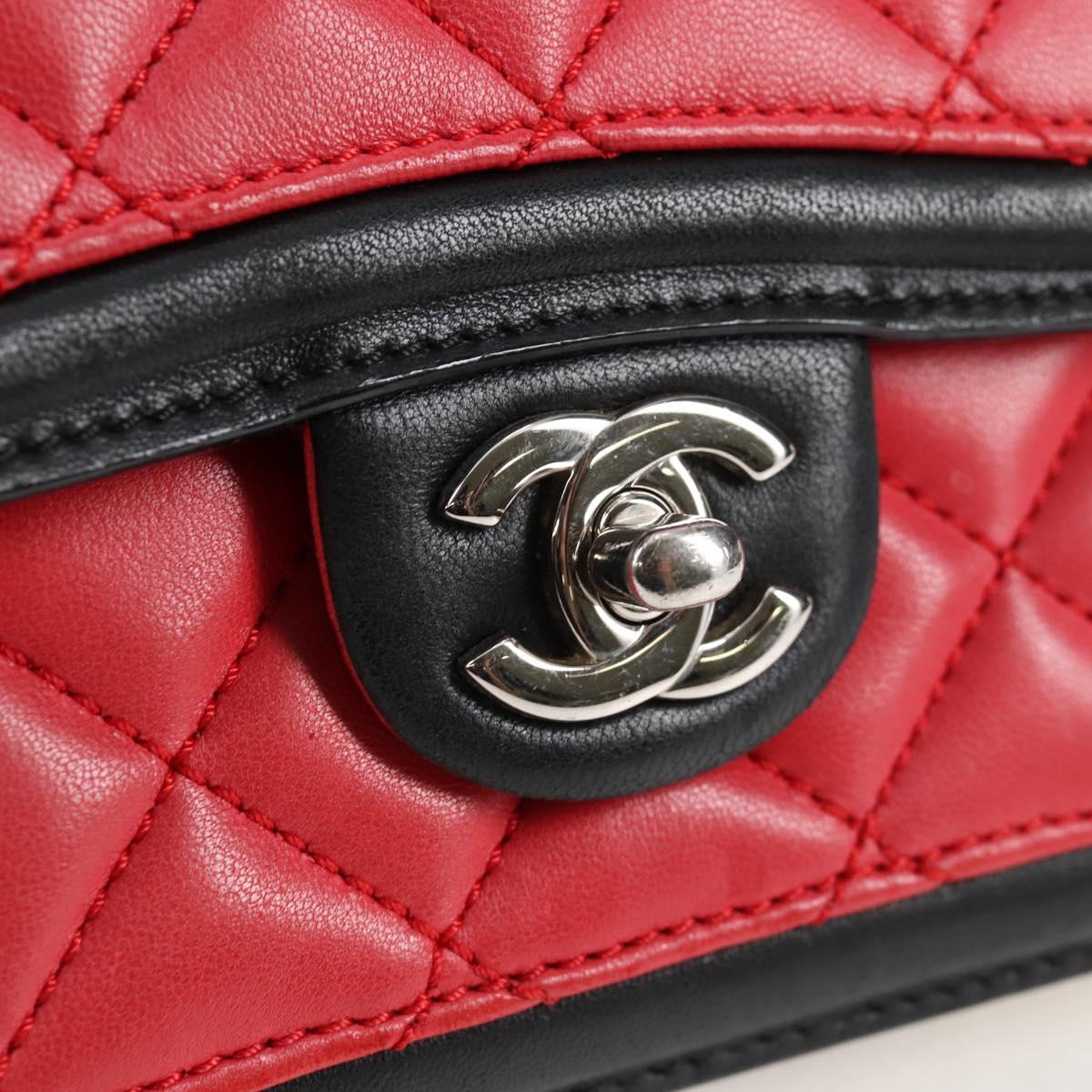 CHANEL Matelasse Chain Shoulder Bag Lamb Skin Red Silver CC Auth 127167SAM