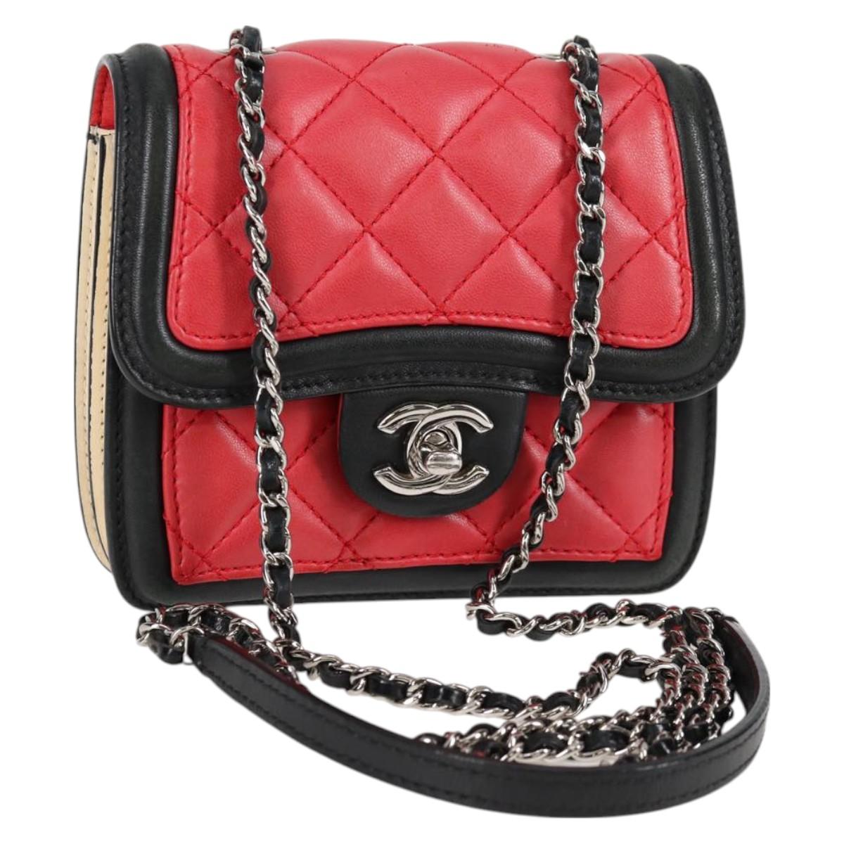 CHANEL Matelasse Chain Shoulder Bag Lamb Skin Red Silver CC Auth 127167SAM