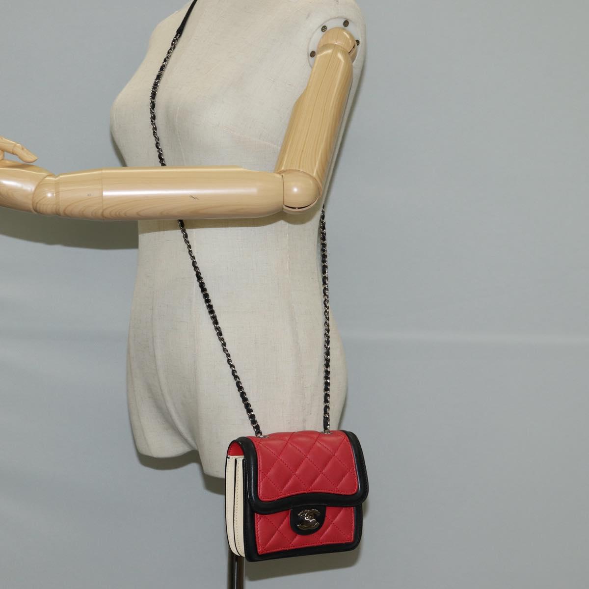 CHANEL Matelasse Chain Shoulder Bag Lamb Skin Red Silver CC Auth 127167SAM