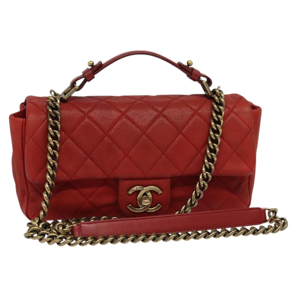 CHANEL Matelasse Chain Shoulder Bag Caviar Skin Red CC Auth 127170