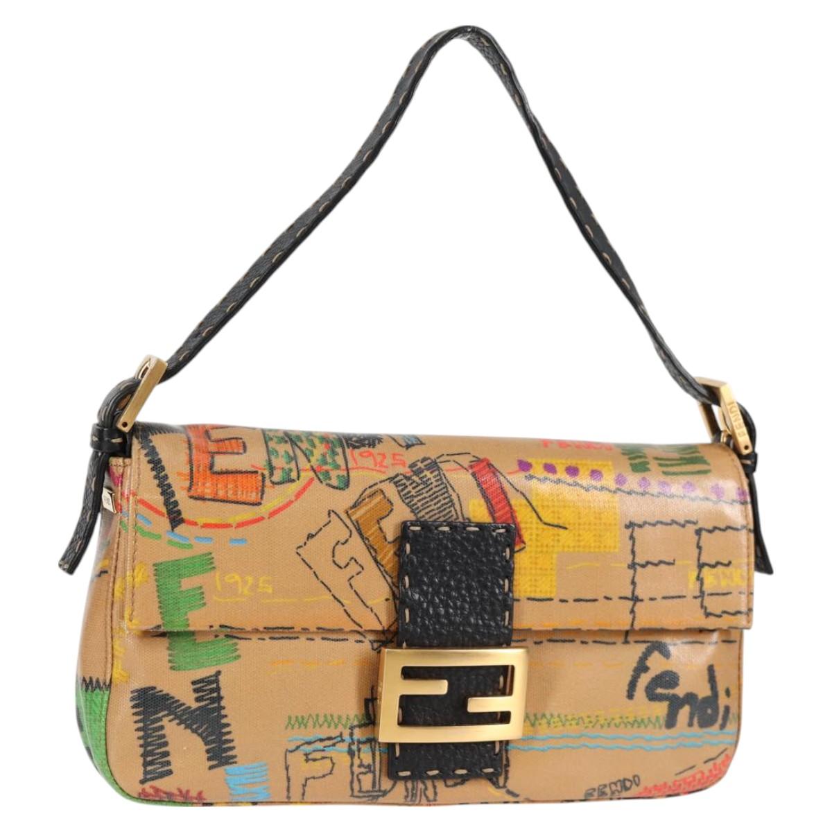 FENDI Mamma Baguette Shoulder Bag Coated Canvas Brown Gold Auth 127210SM
