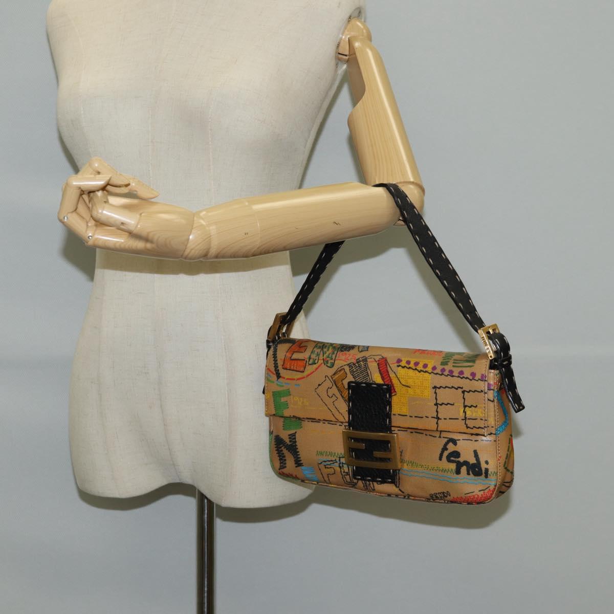 FENDI Mamma Baguette Shoulder Bag Coated Canvas Brown Gold Auth 127210SM