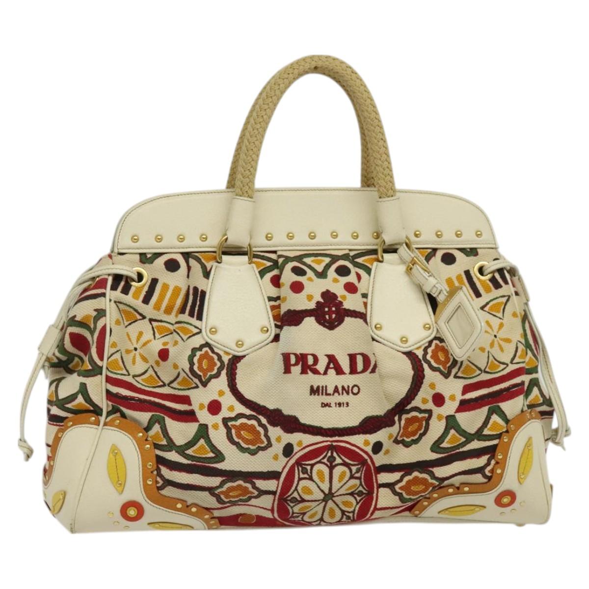 PRADA Hand Bag Canvas Beige Gold Auth 127232