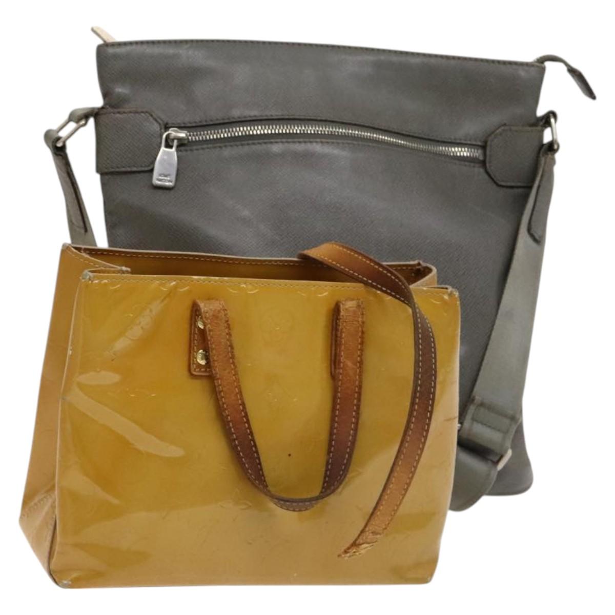 LOUIS VUITTON Taiga Vernis Shoulder Bag 2Set Beige Gray LV Auth 127248