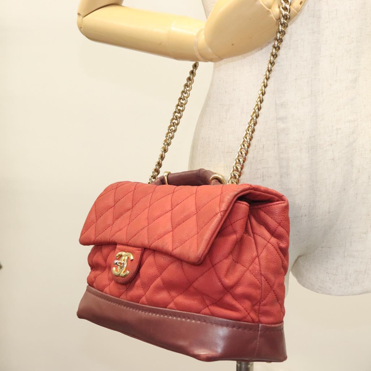 CHANEL Matelasse Chain Shoulder Bag Caviar Skin Red CC Auth 127257