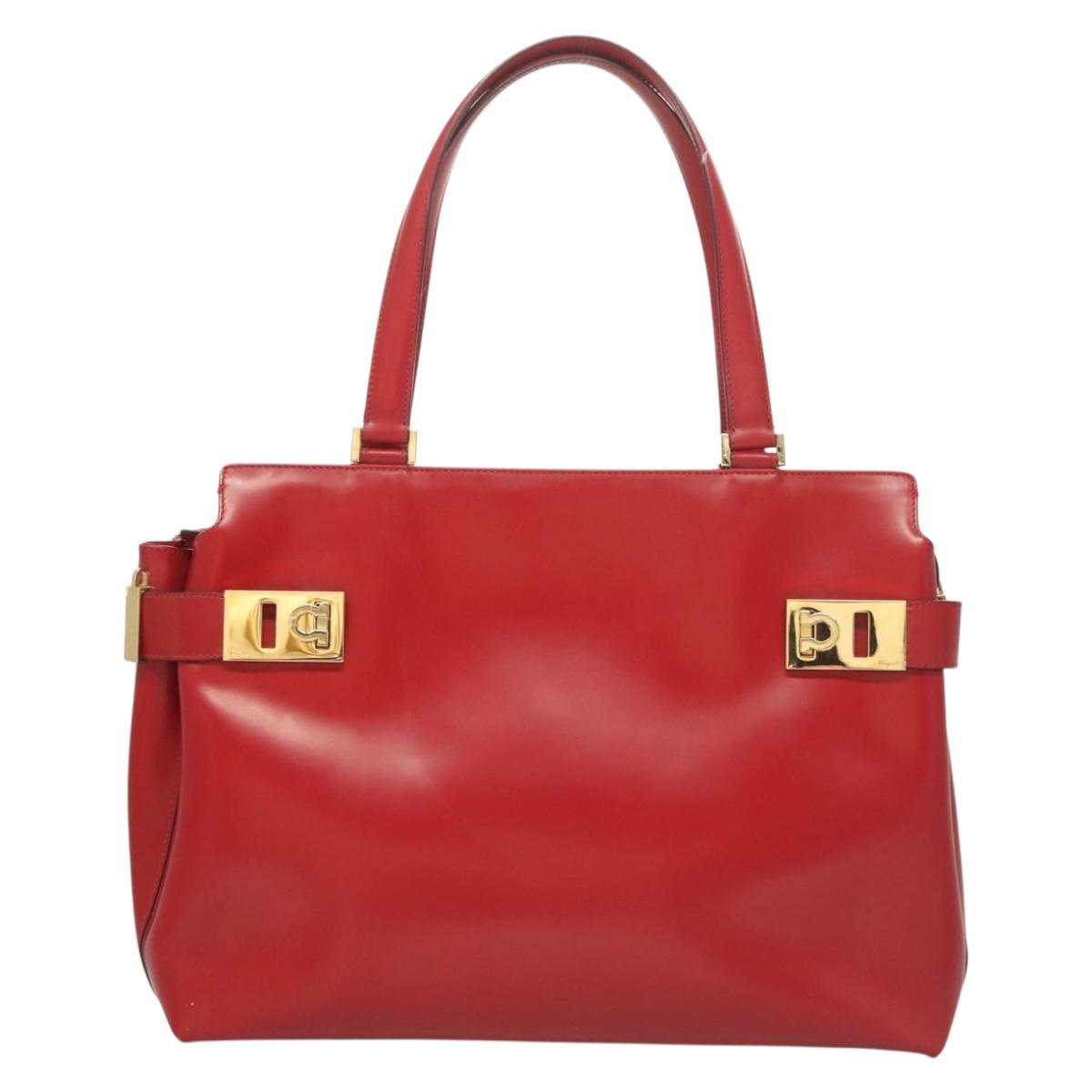 Salvatore Ferragamo Gancini Tote Bag Leather 2way Red Gold Auth 127314