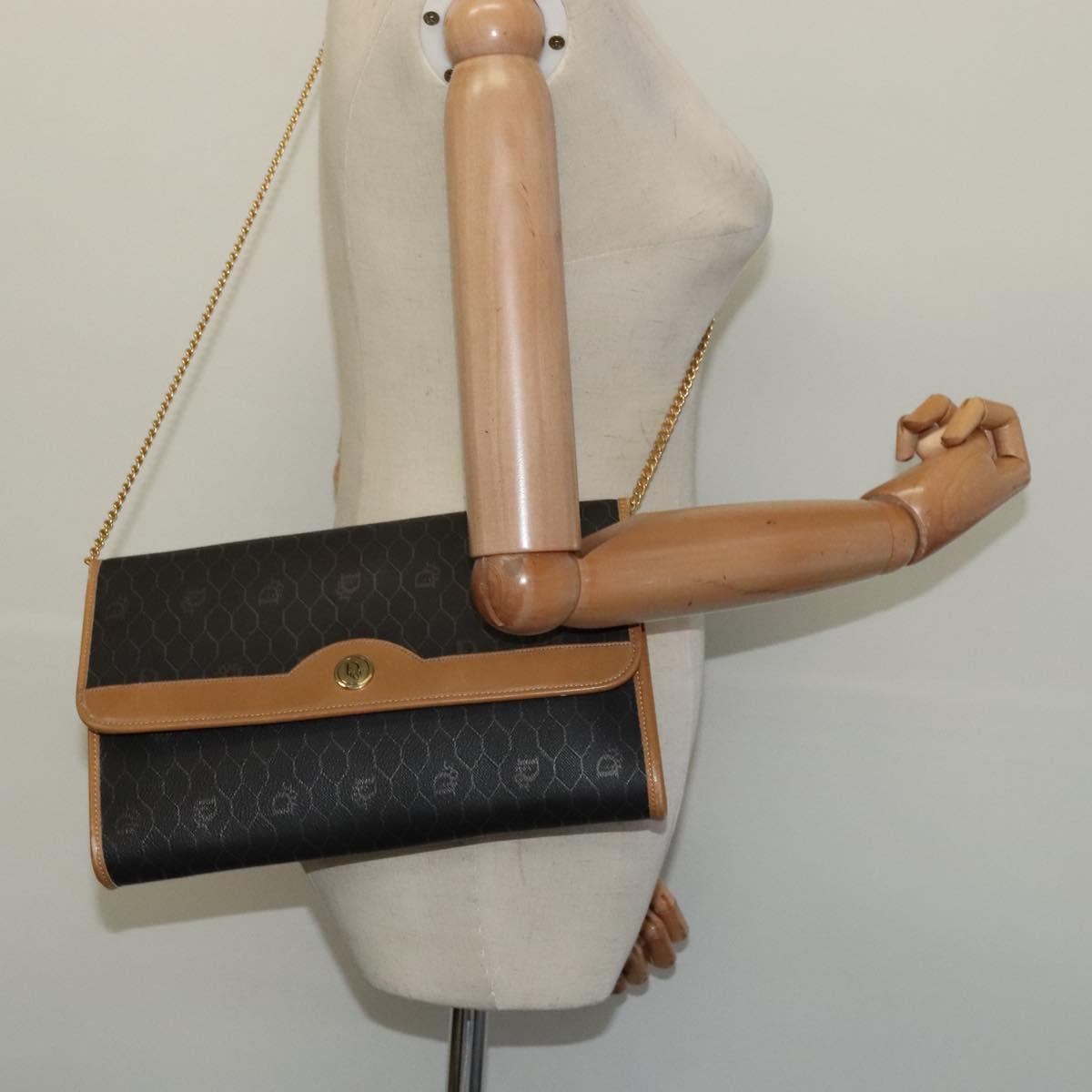 Christian Dior Honeycomb Canvas Chain Shoulder Bag PVC Black Gold Auth 127369