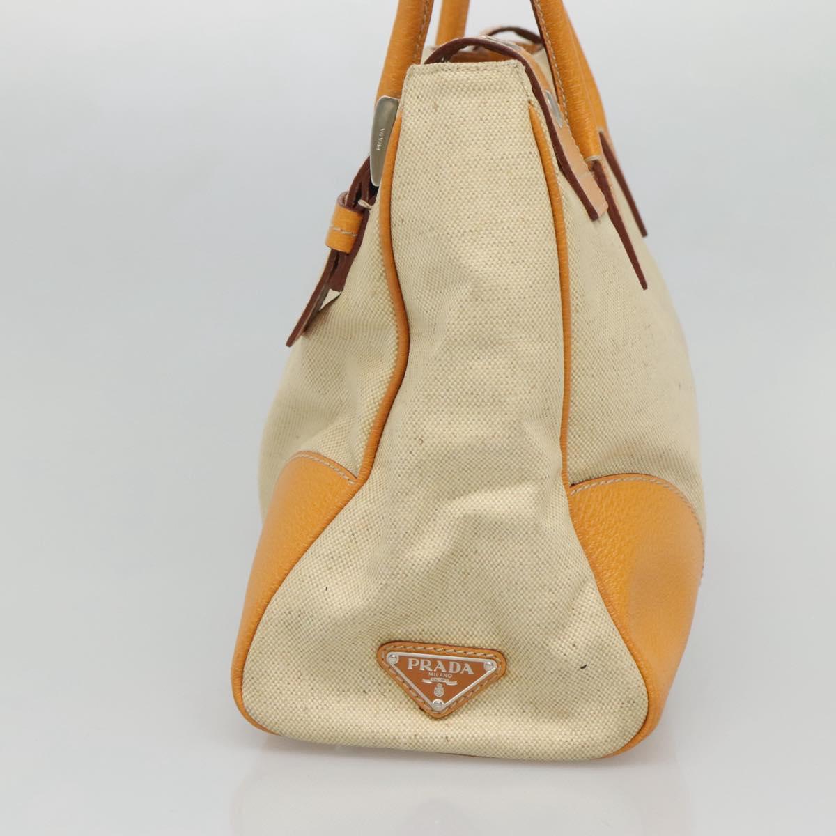 PRADA Hand Bag Canvas Beige Silver Auth 127392