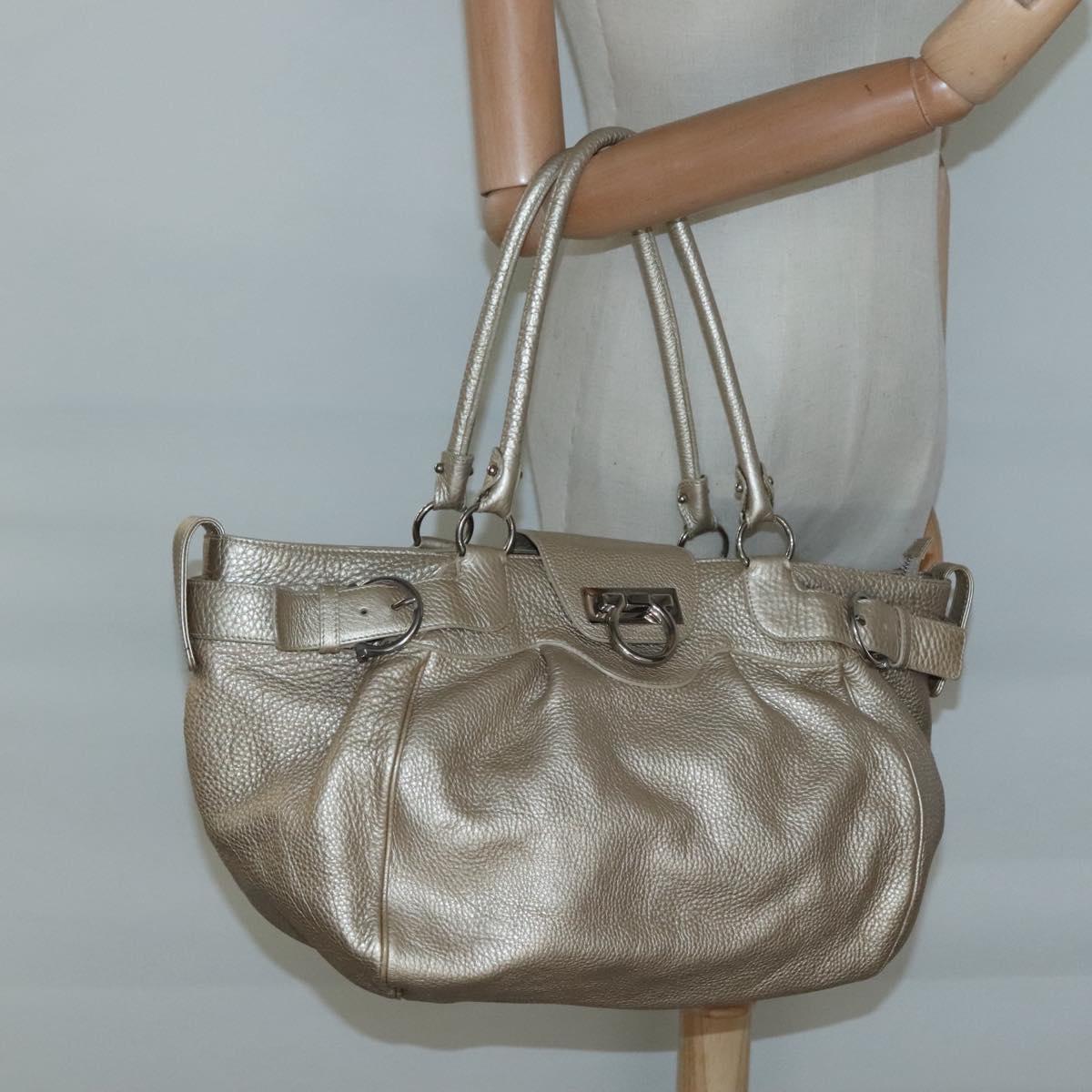 Salvatore Ferragamo Gancini Shoulder Bag Leather Gold Tone Silver Auth 127393
