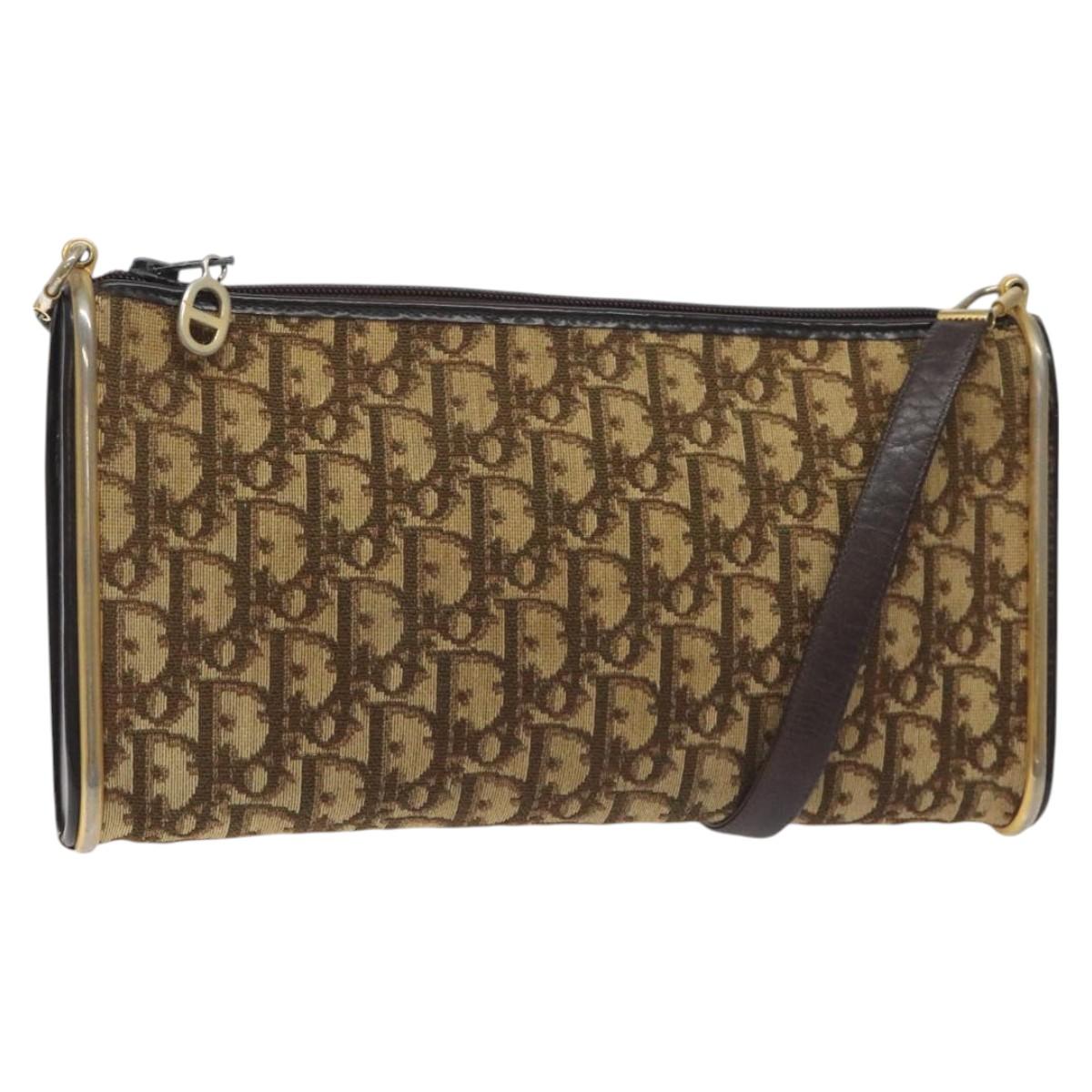 Christian Dior Trotter Canvas Shoulder Bag Brown Gold Auth 127452