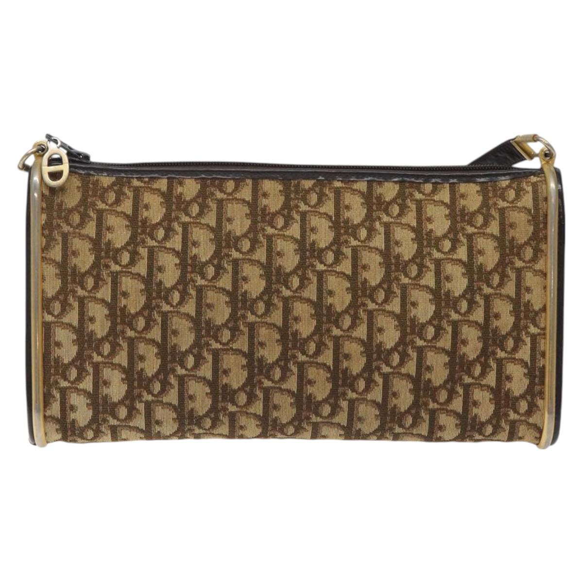 Christian Dior Trotter Canvas Shoulder Bag Brown Gold Auth 127452