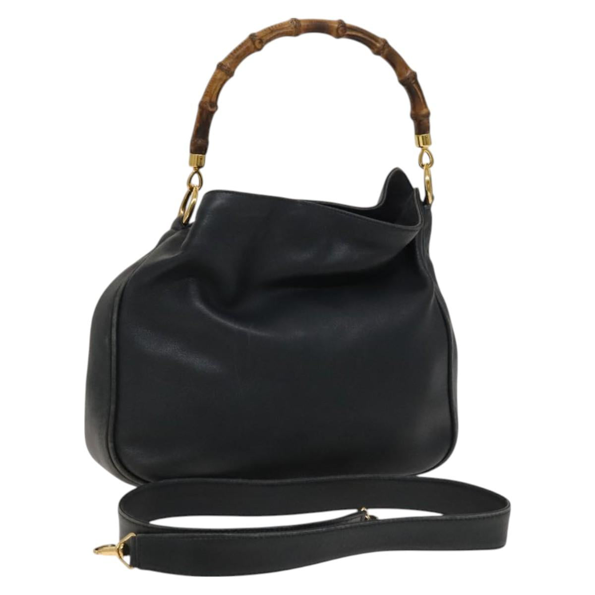 GUCCI Bamboo Hand Bag Leather 2way Black Gold Auth 127453