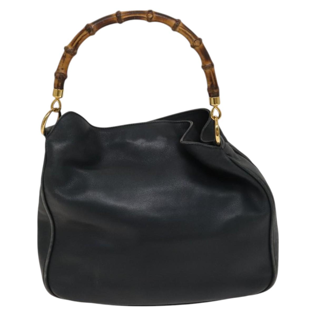 GUCCI Bamboo Hand Bag Leather 2way Black Gold Auth 127453