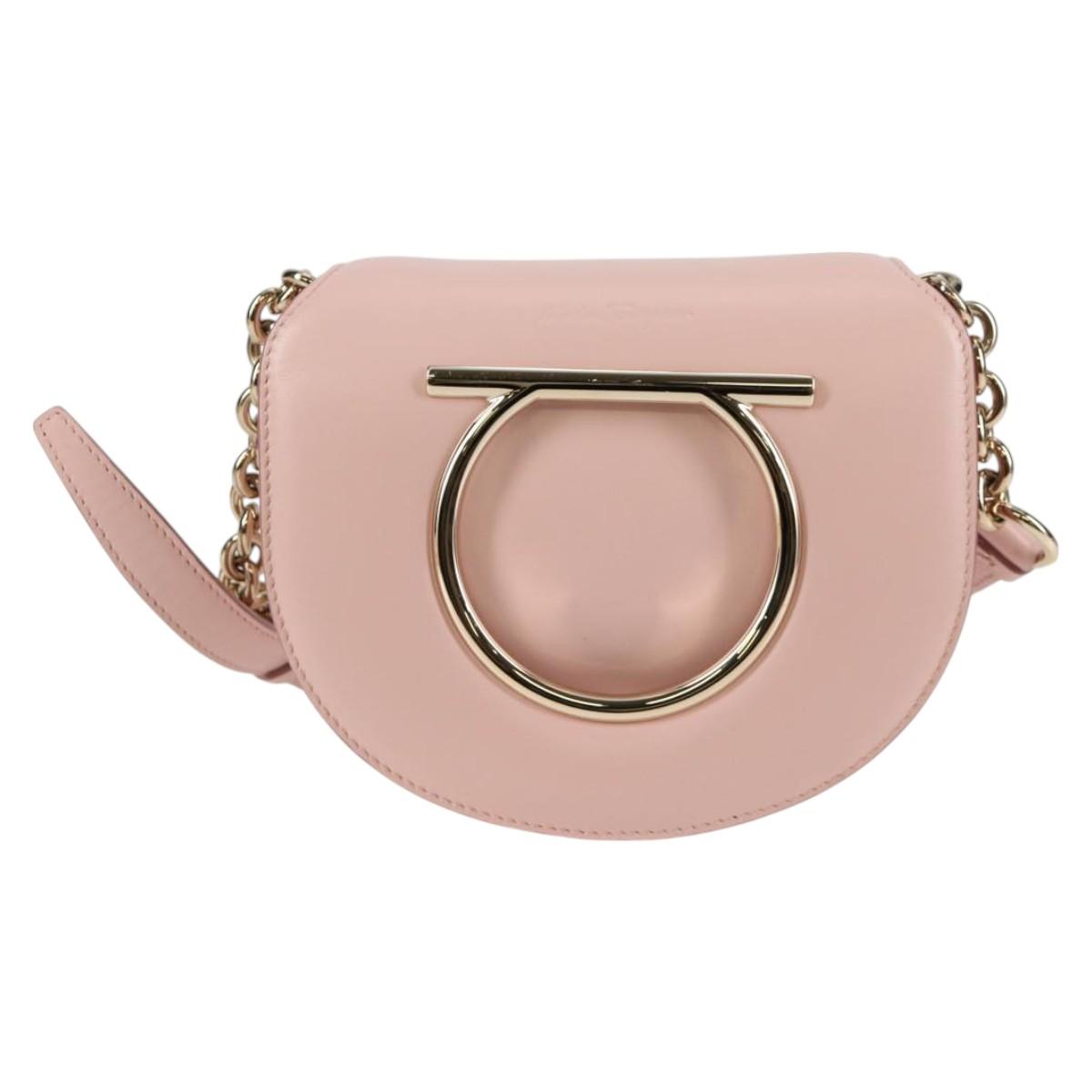 Salvatore Ferragamo Gancini Shoulder Bag Leather Pink Gold Auth 127475M